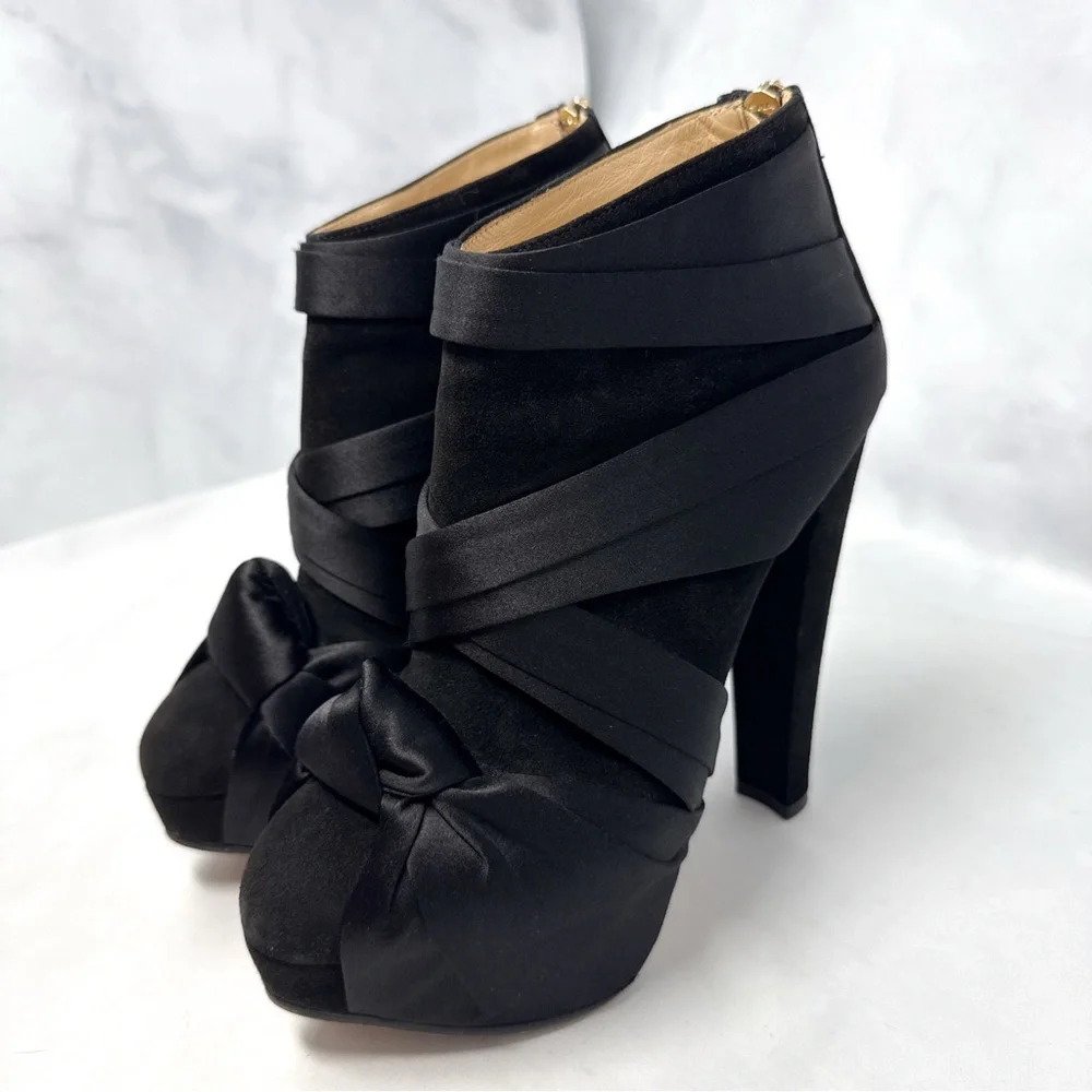 Charlotte Olympia Satin Wrap Turban Knot Suede Platform Block Heel Ankle Boot 37